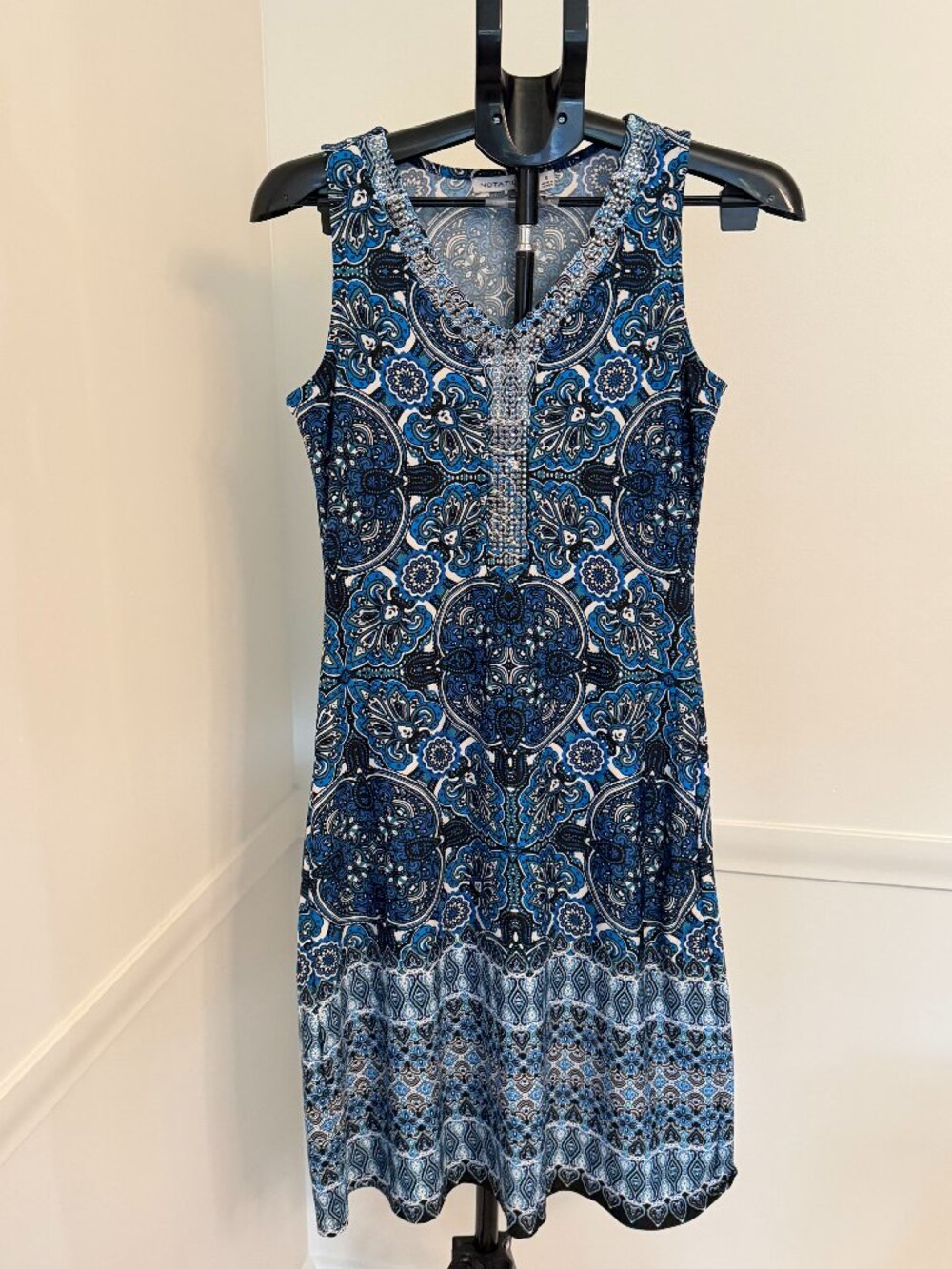 Notations Blue Paisley Dress with Beaded Neckline Size S